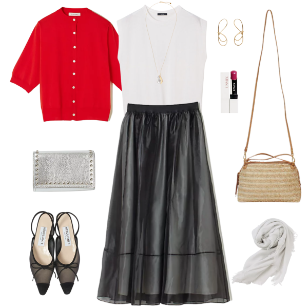 【50代 週末コーデ】シアーなスカートで涼感溢れる洗練された夏のフレンチコーデ＃Jマダムのおしゃれ