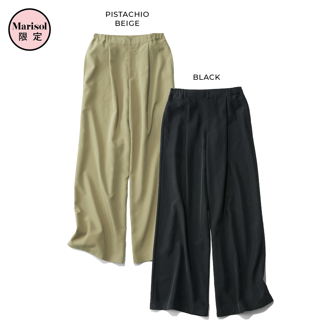 エムセブンデイズの【高園あずささんコラボ】フィブリルタック入りとろみワイドパンツコーデ