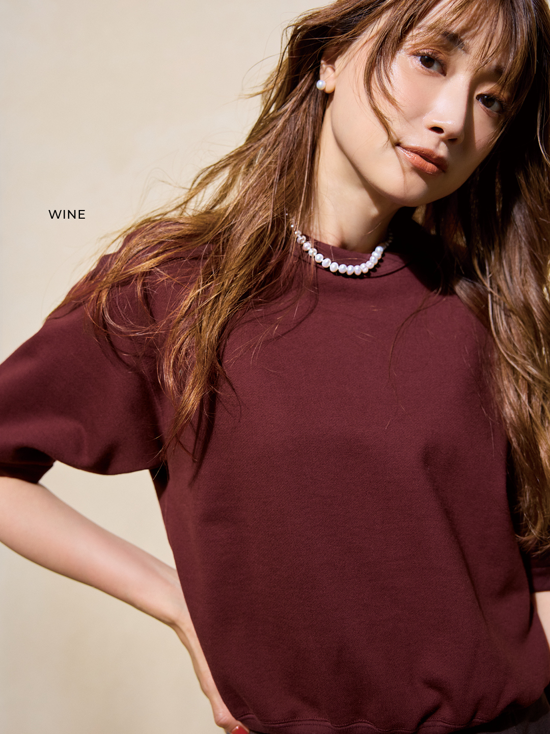 ロエフの秋色半袖スウェットと淡水パールネックレス＆ピアスコーデ