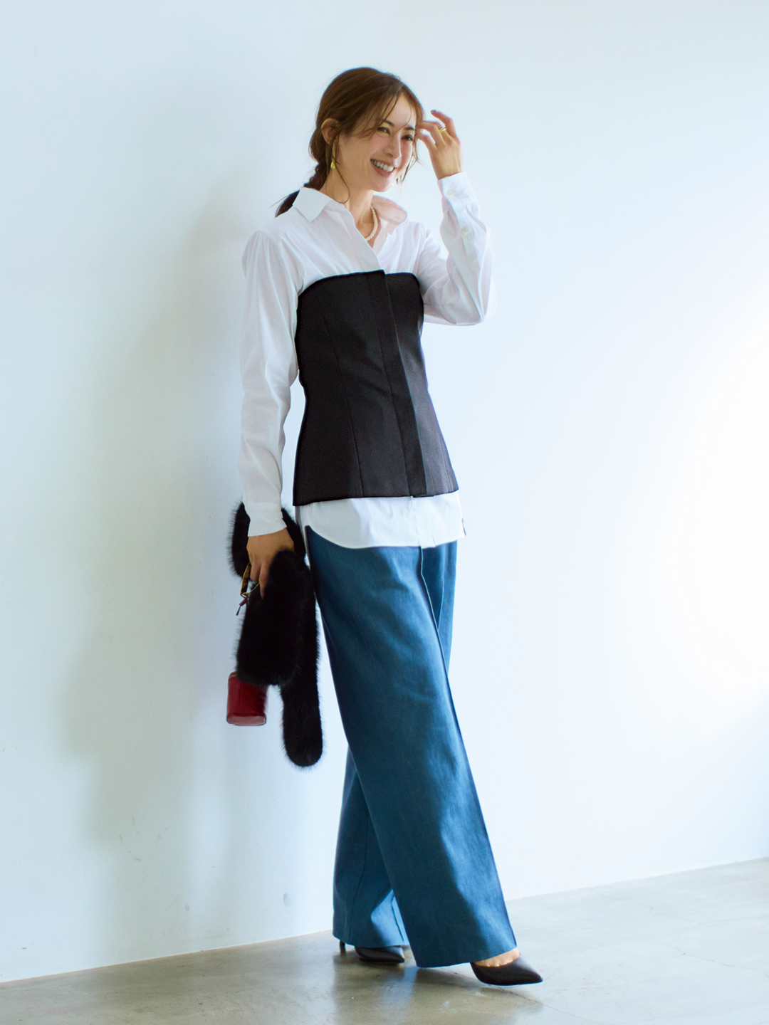 エムセブンデイズの【東原妙子さんコラボ】腰高見えビスチェコーデ