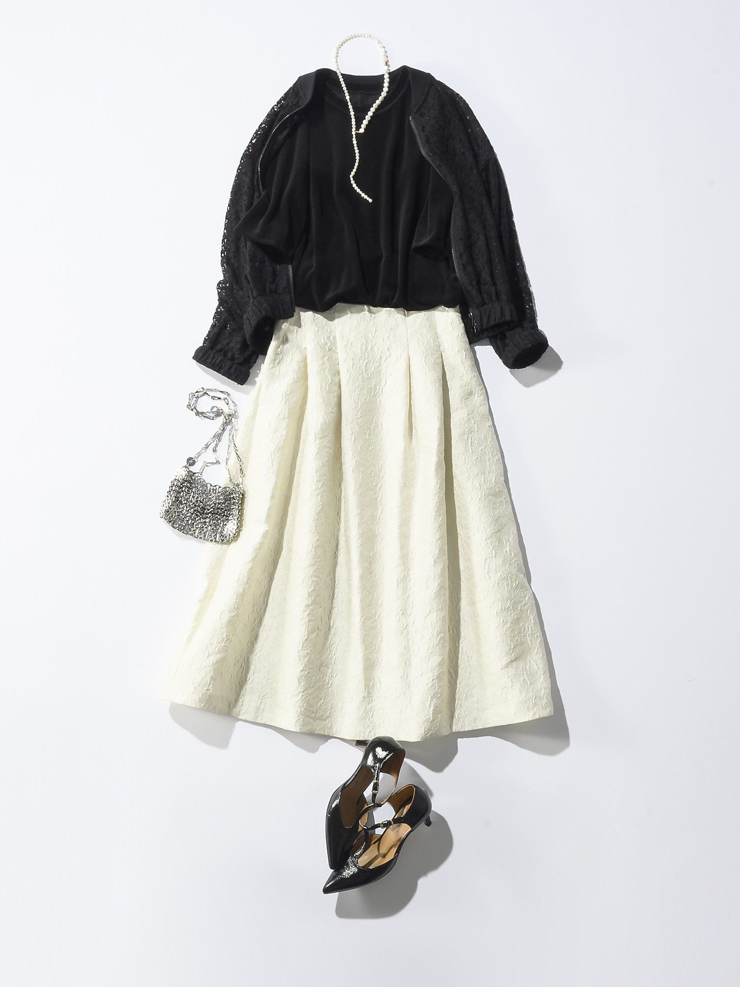 PROTAGONISTA×eclat
【別注】ベロアTシャツ
ブラック　ジャガード　フレアスカート　コーディネート