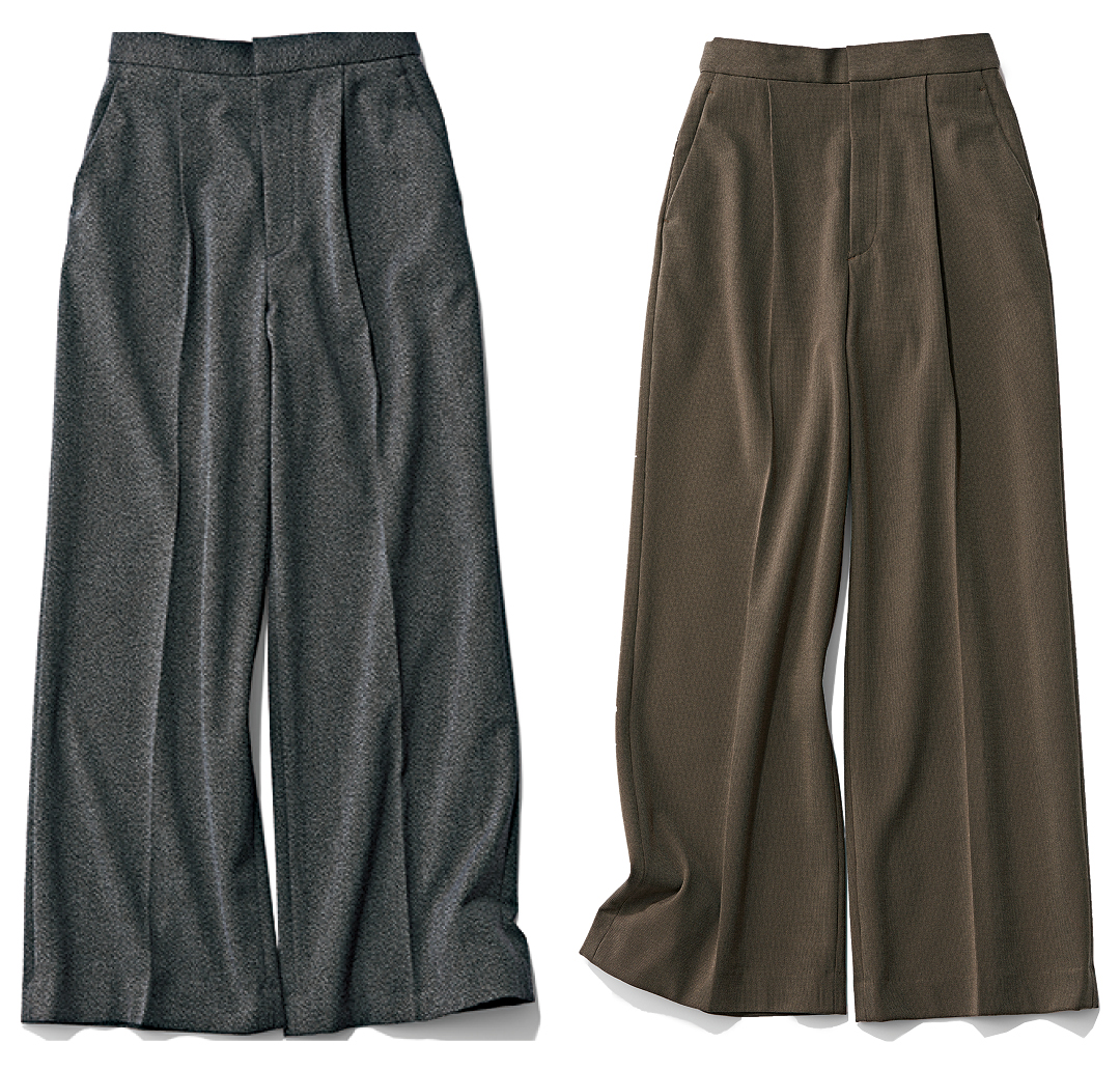 エムセブンデイズの裏起毛セミワイドタックパンツ