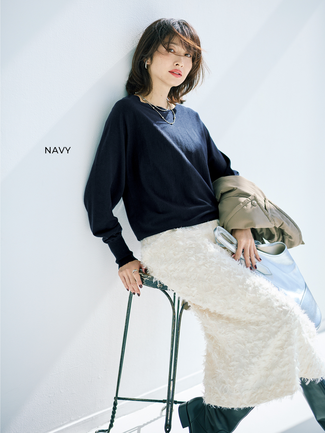 エムセブンデイズの【洗える】すっきり見えドルマンニットコーデ2