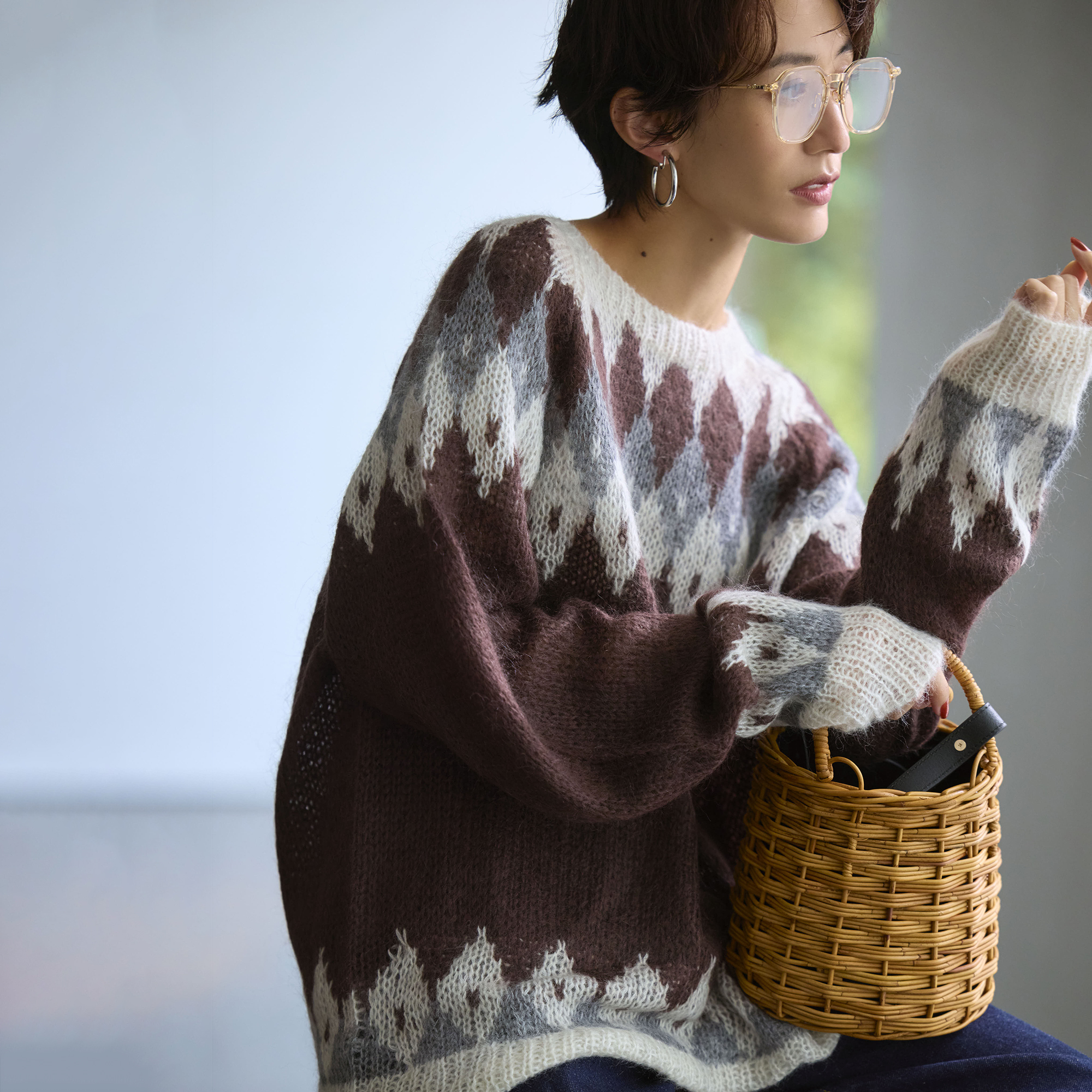 シンゾーン ノルディック柄 アルパカ ブラウン タートルネック ニット