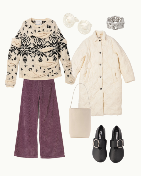 技ありノルディックニットをメインに淡い色でまとめて