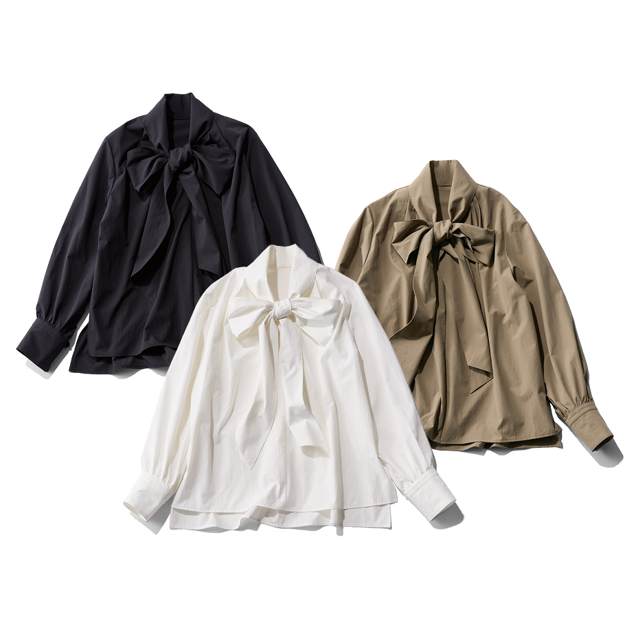 エムセブンデイズのハリ感ボウタイブラウス