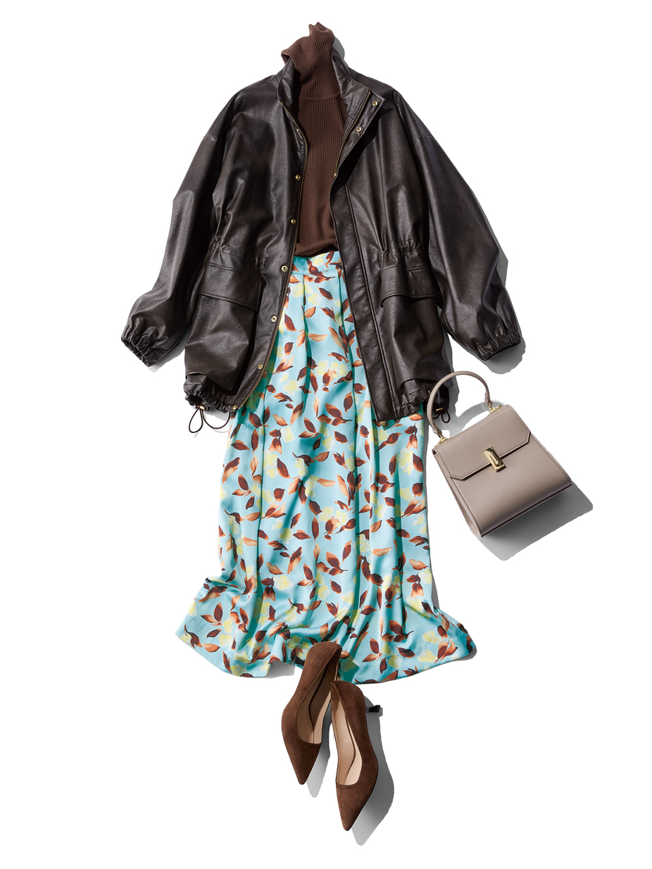 エムセブンデイズのフラワープリントスカートコーデ2