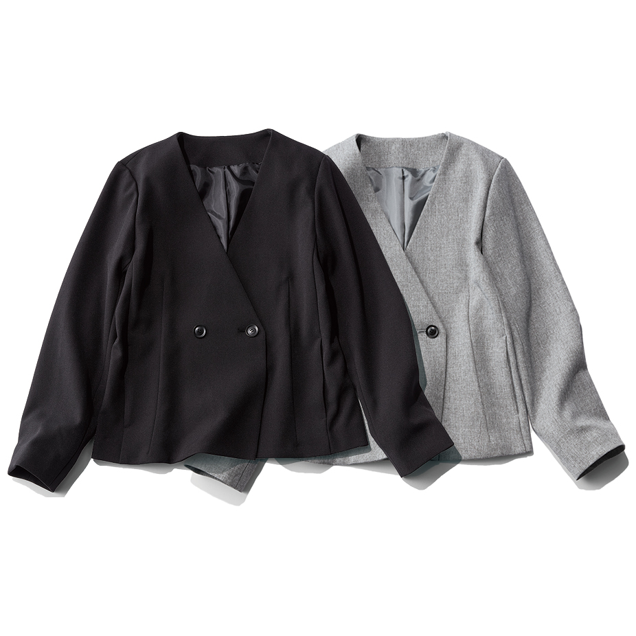 エムセブンデイズのツイード風ノーカラーテーラードジャケット