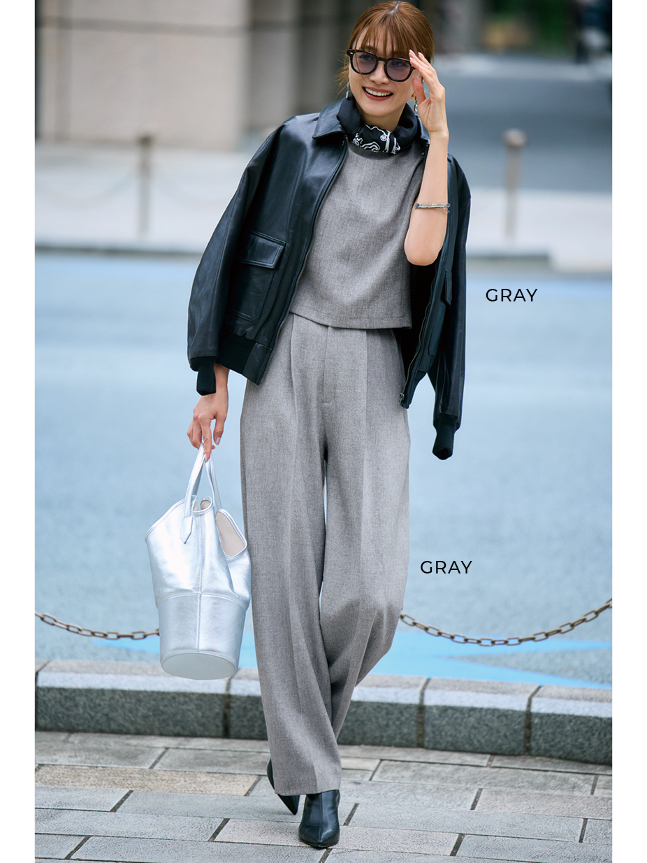 エムセブンデイズのツイード風ノースリーブトップスとツイード風腰高見えタックパンツコーデ