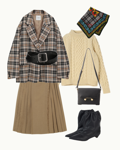 チェックジャケットでレトロムードなスカートスタイル