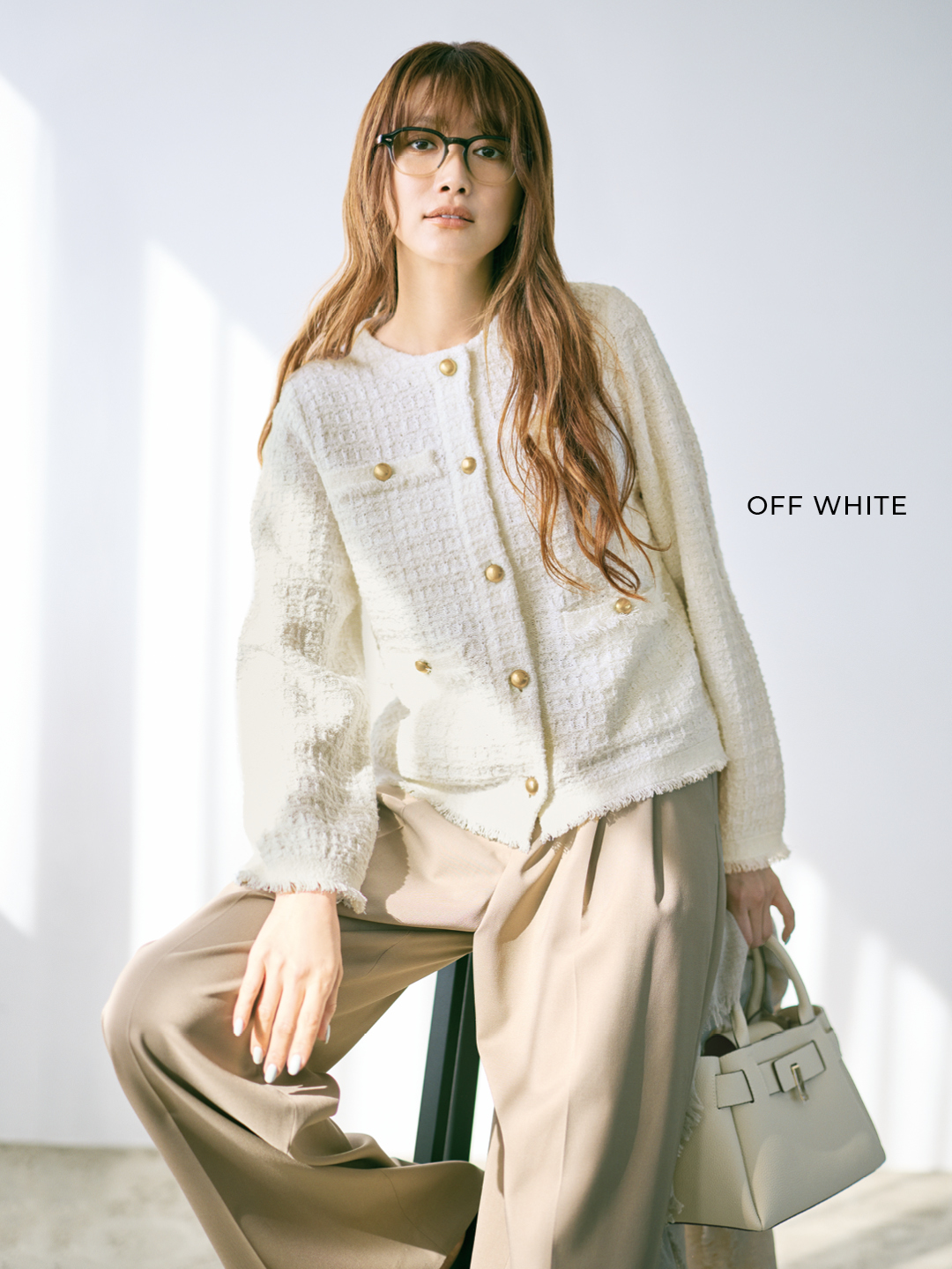 エムセブンデイズの【洗える】ツイードジャケット風ニットカーディガンコーデ