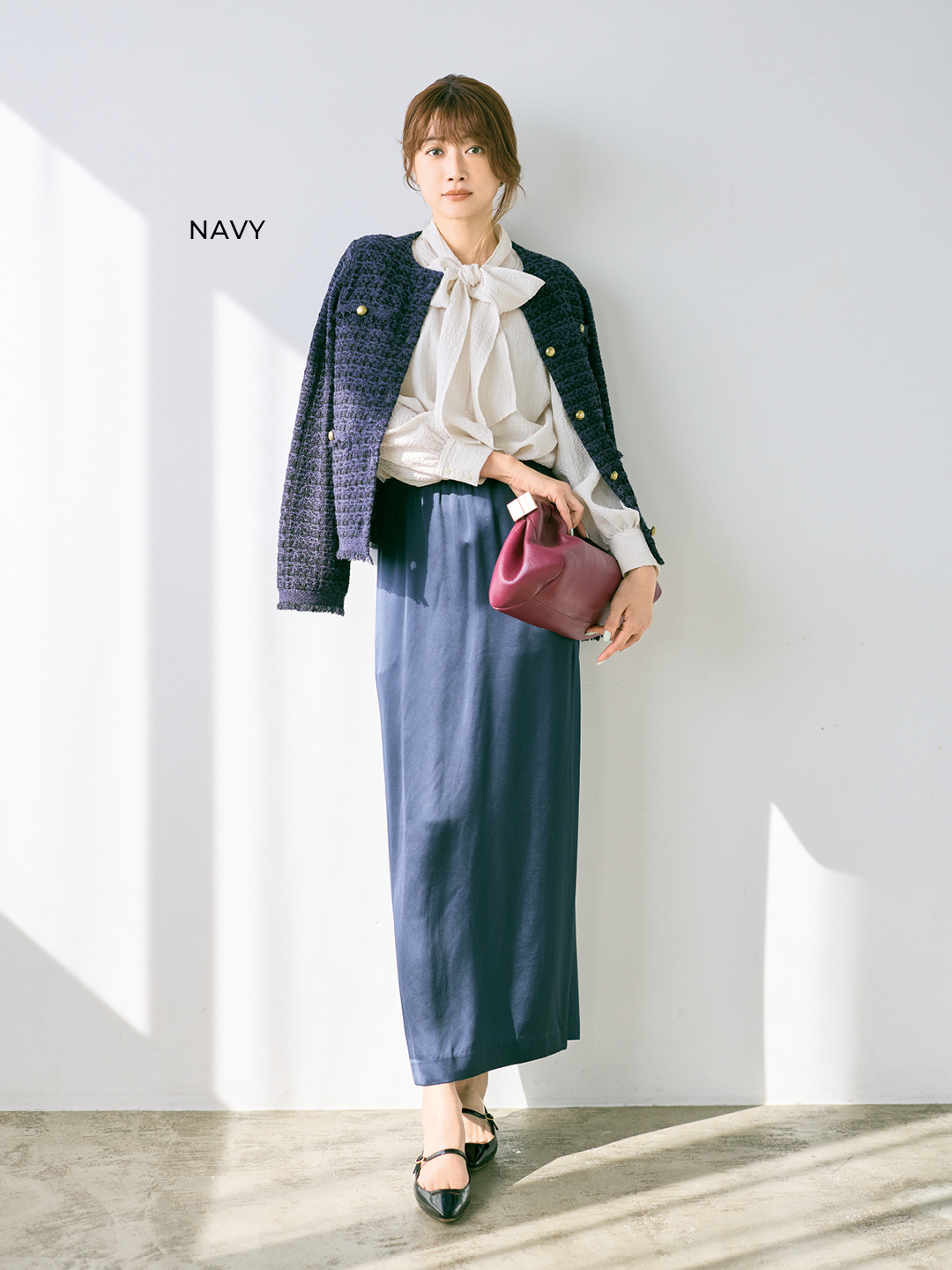 エムセブンデイズの【洗える】ツイードジャケット風ニットカーディガンコーデ2