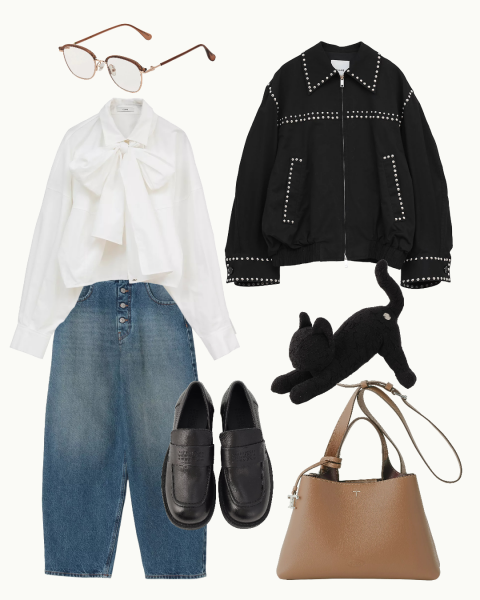 ウエスタンテイストのブルゾンとボウタイブラウスをミックス