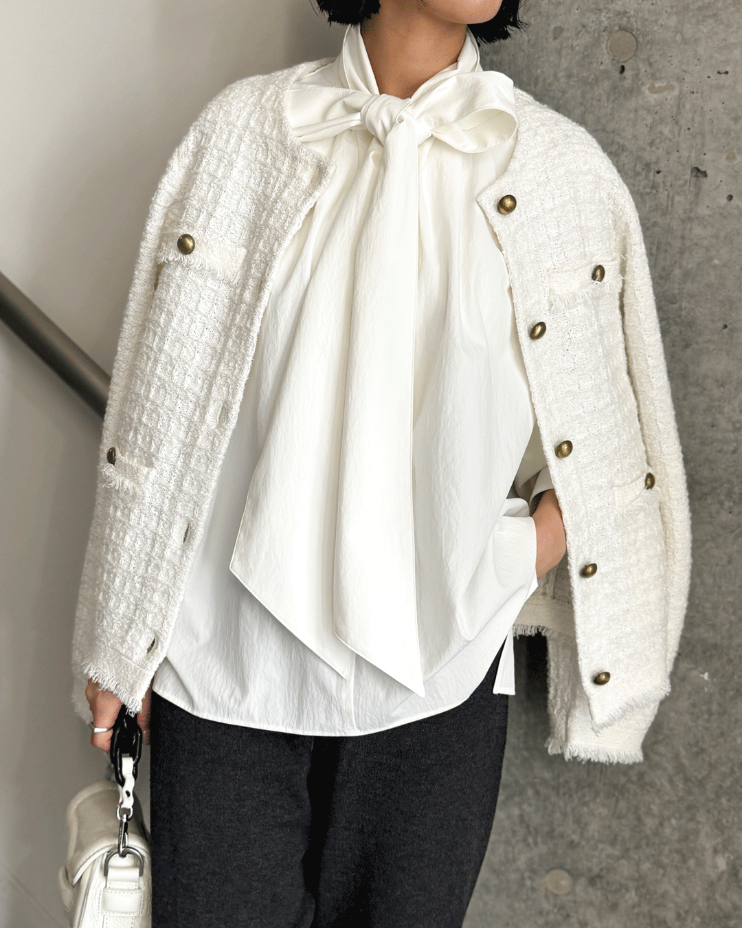 仕事・ハレの日・休日に！「ツイードジャケット風ニットカーデ」スタッフ着こなし【M7days・40代ファッション】