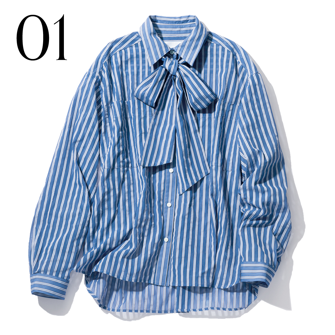 透けストライプボウタイつきシャツ