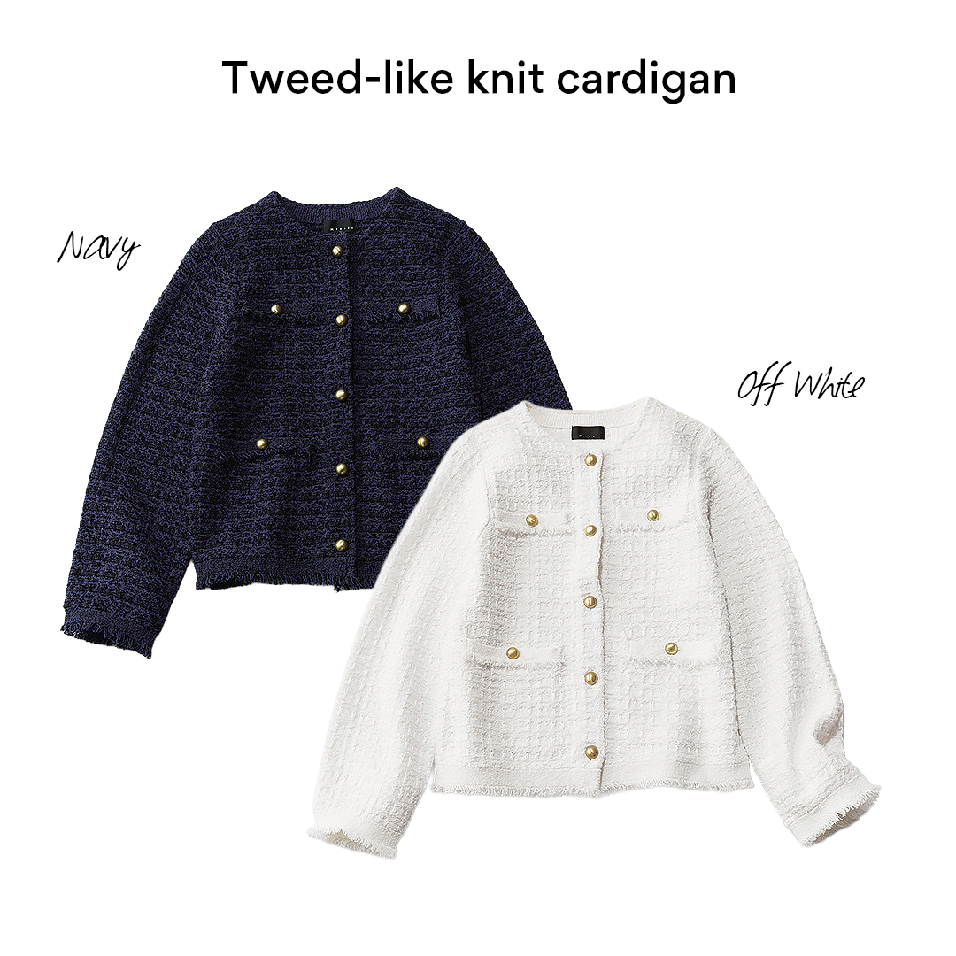 仕事・ハレの日・休日に！「ツイードジャケット風ニットカーデ」スタッフ着こなし【M7days・40代ファッション】