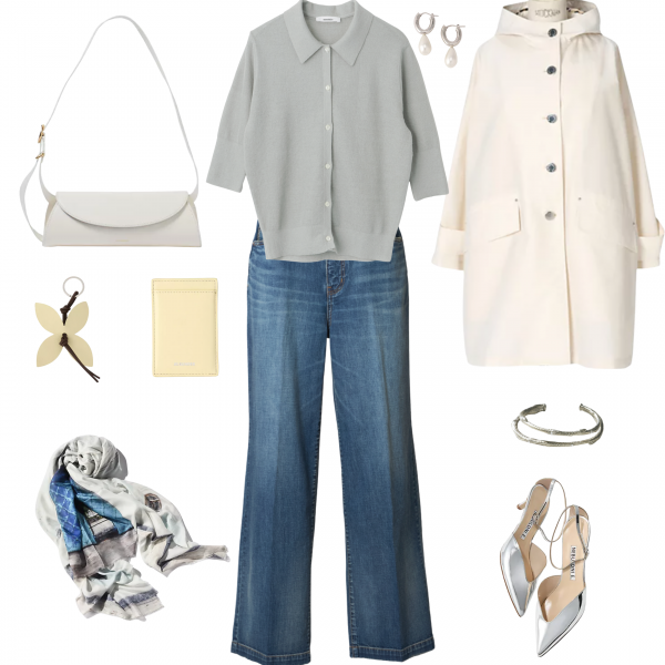 白や淡いグレーを軸にしたクリーンな配色で、大人のデニムスタイルをアップデート。軽やかなMACKINTOSH (マッキントッシュ)アウターとやわらかなニットを重ねれば、4月上旬にちょうどいい心地よさに。きれいめ小物を添えることで、カジュアルになりすぎず、品よく整った春の装いが完成します。