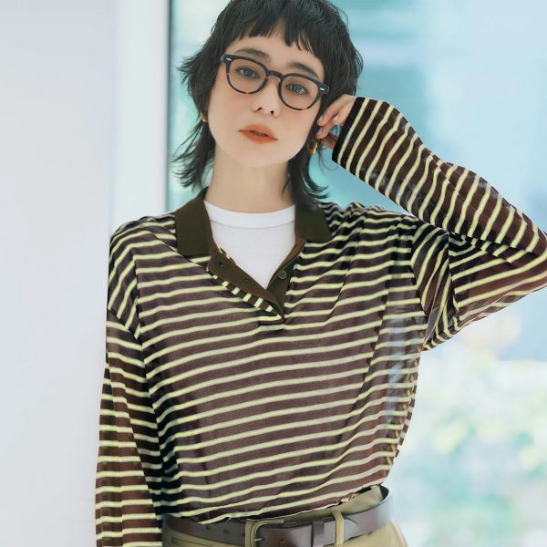 emmiシアーボーダーポロニットトップス￥16,500