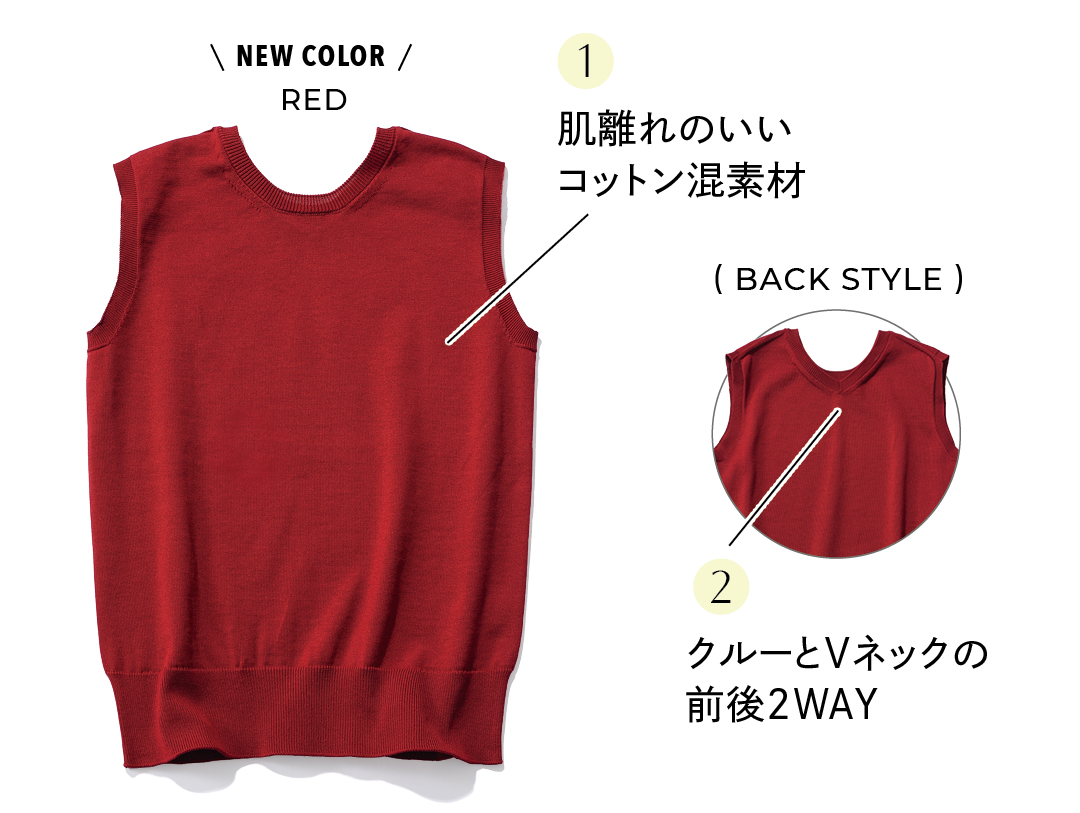 エムセブンデイズの前後2WAYすっきり見え【洗える】ノースリーブニット　ハイパポイント