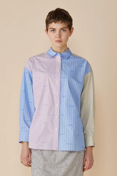 MUVEILレター刺繍ミックスパターンシャツブラウス￥50,600