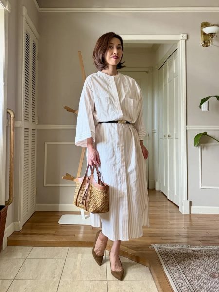【エクラ 華組 高田季世子さん】ワンピース着回し6コーデ「drawell for E by eclat シャツワンピース」