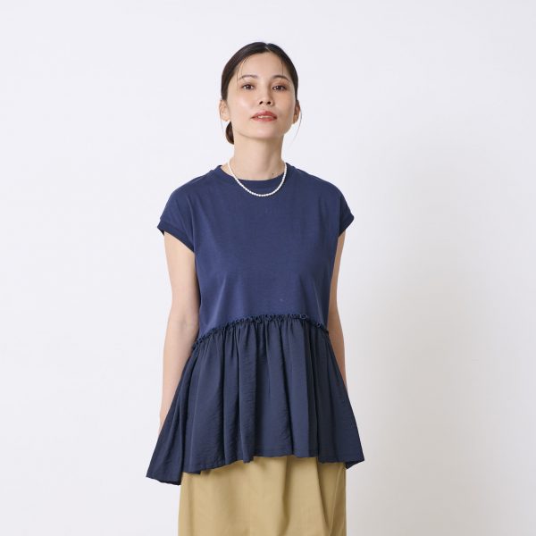 12closet【洗える】異素材切り替えフレンチTシャツ¥12,100 ネイビー