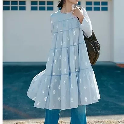 ne Quittez pas Cotton Voile Foil Flower Print Tiered Middle Length Dress